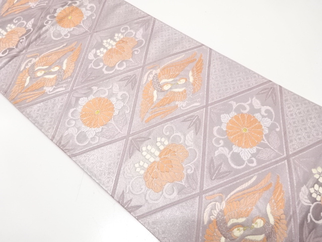 斜め格子に尾長鳥・桐・菊模様織り出し　袋帯